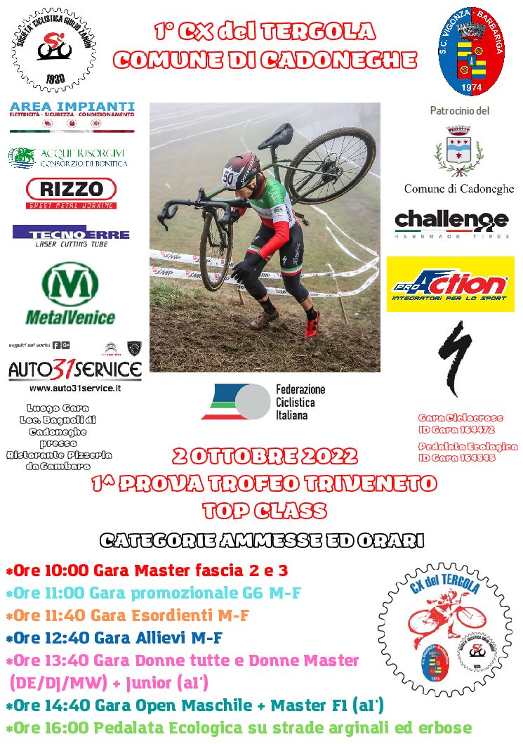 RITORNA IL CICLOCROSS A CADONEGHE: DOMENICA 2 OTTOBRE IL 1° CX DEL TERGOLA COMUNE DI CADONEGHE